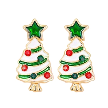 Juleøreringe juletræ hvid, grøn og rød emalje 