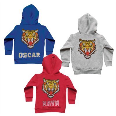 Design din egen hoodie 3-6 år - gult tigerhoved + navn